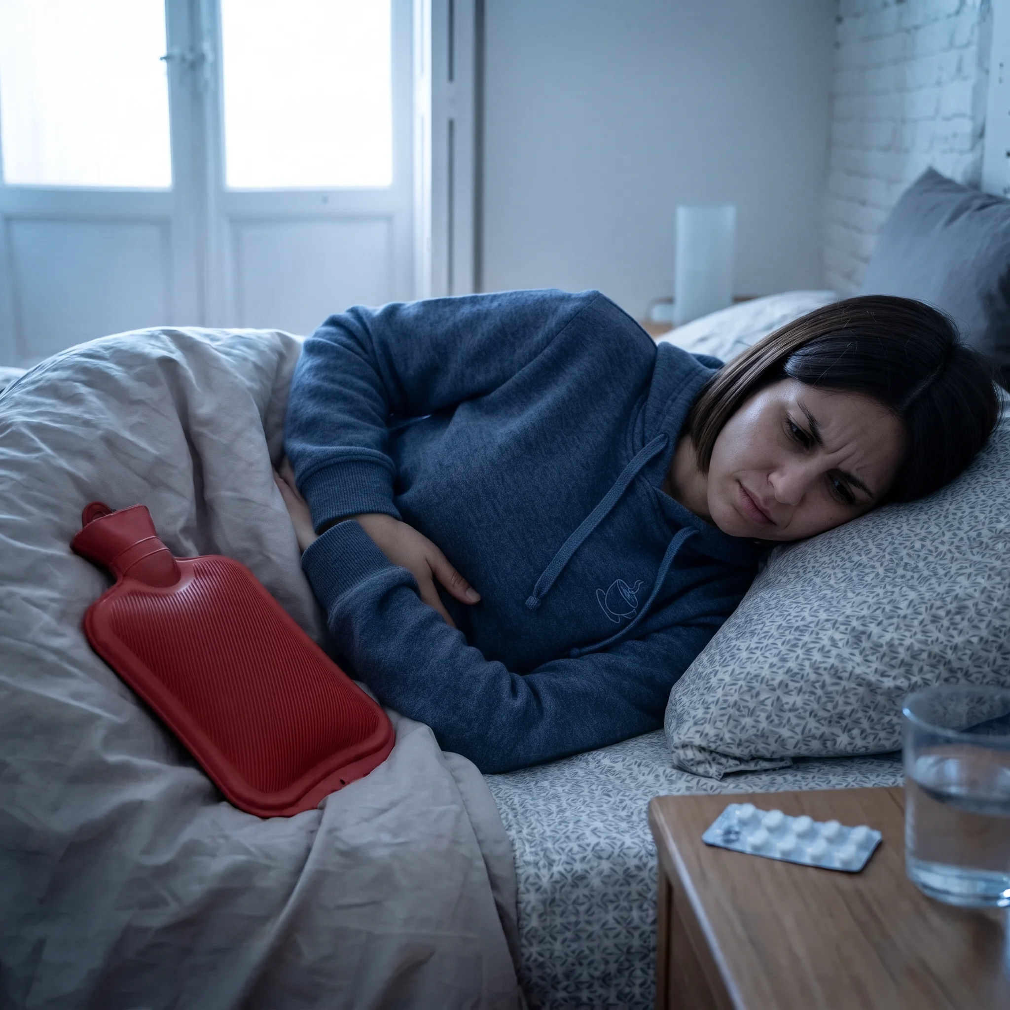 Mujer con cólicos en la cama con una bolsa de agua caliente